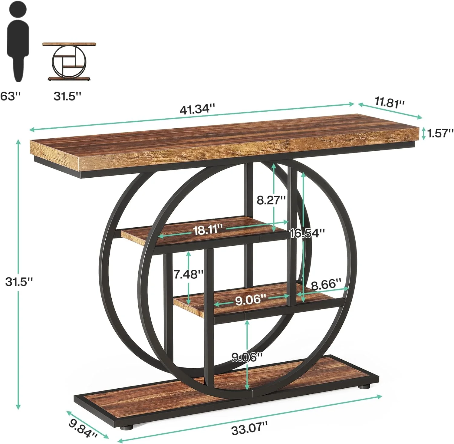Tribesigns Industrial 41.3" Console Table, 4-Tier Sofa Table Narrow Wood Entryway Table with Storage Shelves for Living Room, Rustic Brown