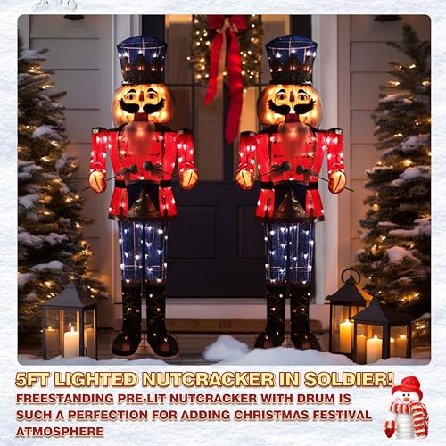 MUPATER 5FT Outdoor Lighted Nutcracker Christmas Decoration, Nutcracker Soldier Holiday Decor Set with Drum, Ground Stakes and Zip Ties