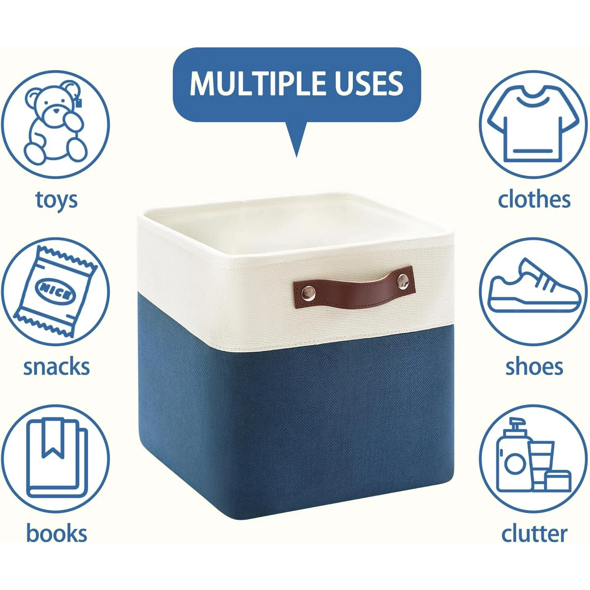 Collapsible Fabric Cube Storage Bins 11x11×11, Pack of 6 Closet Basket Boxes with PU Handles for Organizing Shelves, Toys, Clothes, Home, Laundry