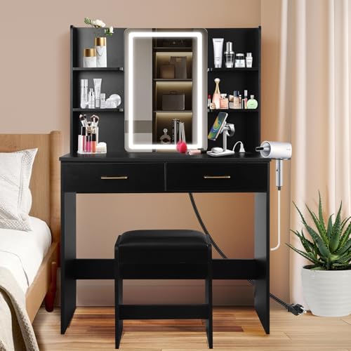 Vanity Set with Lights and Stool, Vanity Desk with Mirror and Lights，Vanity Power Outlet,Vanity Desk with Drawers