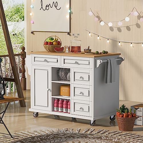 53.5''Farmhouse Kitchen Island with Power Outlet, Kitchen Storage Island with Drop Leaf, Spice Rack and Drawer, Rolling Kitchen Cart on Wheels