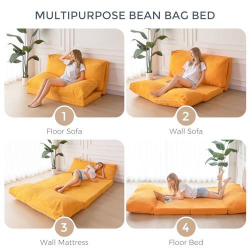 MAXYOYO Bean Bag Bed Folding Sofa Bed Floor Mattress for Adults, Extra Thick and Long Floor Sofa with Corded Washable Cover, Dark Grey, 30x95 Inch