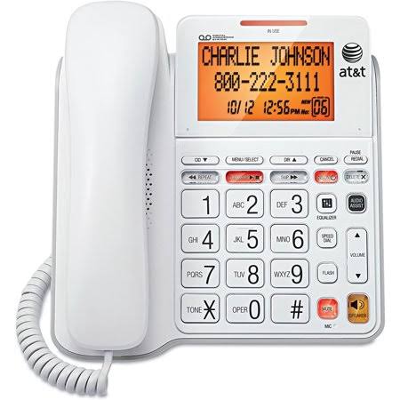 Atu0026t CL4940 Corded Standard Phone with Answering System and Backlit Display, White [New Improved Version], Handsfree Speaker - Megean