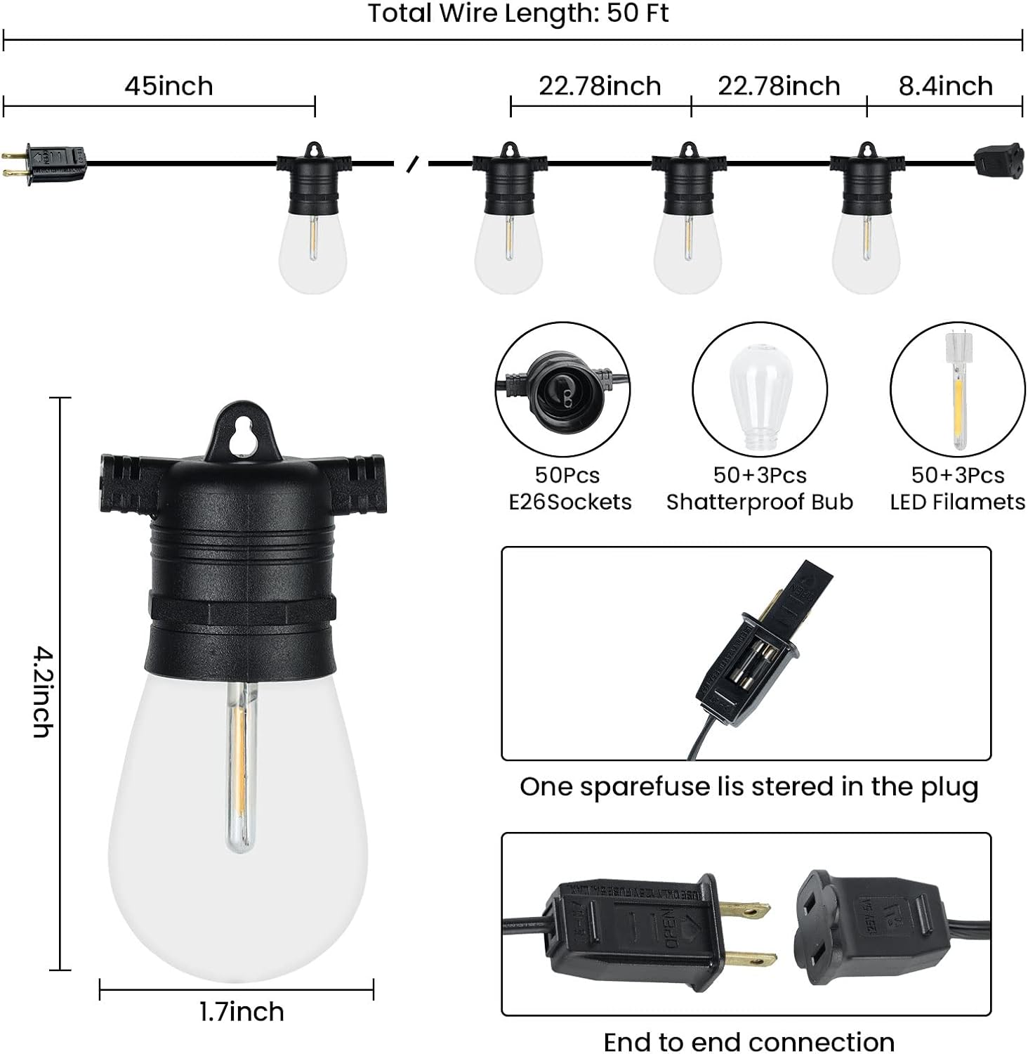 Outdoor String Lights LED100FT Waterproof IP65 Connectable Dimmable Patio Lights for Bistro Cafe Porch Party