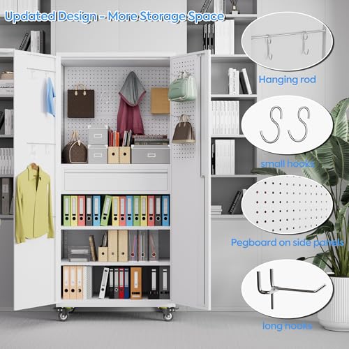 Garage Storage Cabinet with Wheels & Pegboard, 72" H Locking Metal Storage Cabinet with Doors and 4 Adjustable Shelves for Garage Workshop Home