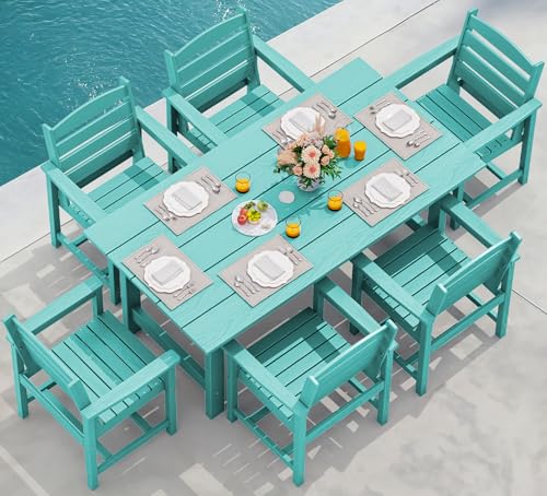 SERWALL Outdoor HDPE Dining Table Set, 7-Piece Outdoor Dining Table Sets with Umbrella Hole Cut-Out Table and 6 Chairs, Gray
