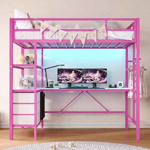 DICTAC Loft Bed Full Size with L-Shaped Desk and Charging Station Full Metal Bed Frame with LED Lights,Open Shelves and 3 Fabric Storage Drawers