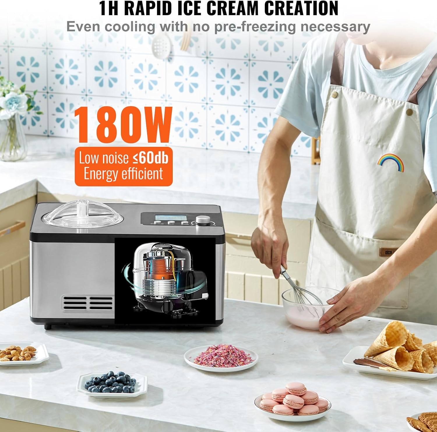 VEVOR Automatic Ice Cream Maker with Built-in Compressor, 2 Quart No Pre-freezing Fruit Yogurt Machine, Stainless Steel Electric Sorbet Maker