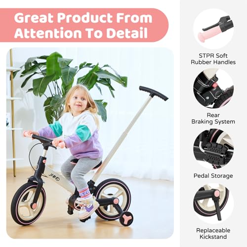 JMMD Toddler Bike with Push Handle for Kids 18-60 Months, 6 in 1 Foldable Push Bike with Training Wheels, Pedals, Brakes, Kickstand