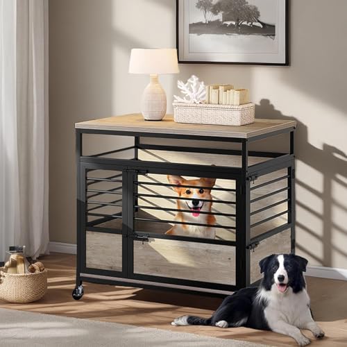 YITAHOME 39 Inch Dog Crate Furniture with Storage Shelves, Wooden Dog Crate for Large Dogs with Power Outlets