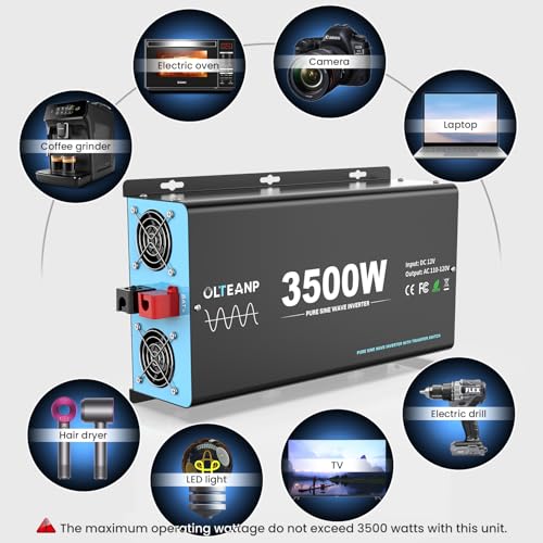 1500W Pure Sine Wave Inverter with Transfer Switch, 12V DC to 120V AC Converter with 2AC Outlets, USB Port, Type-C Port, Remote Controller