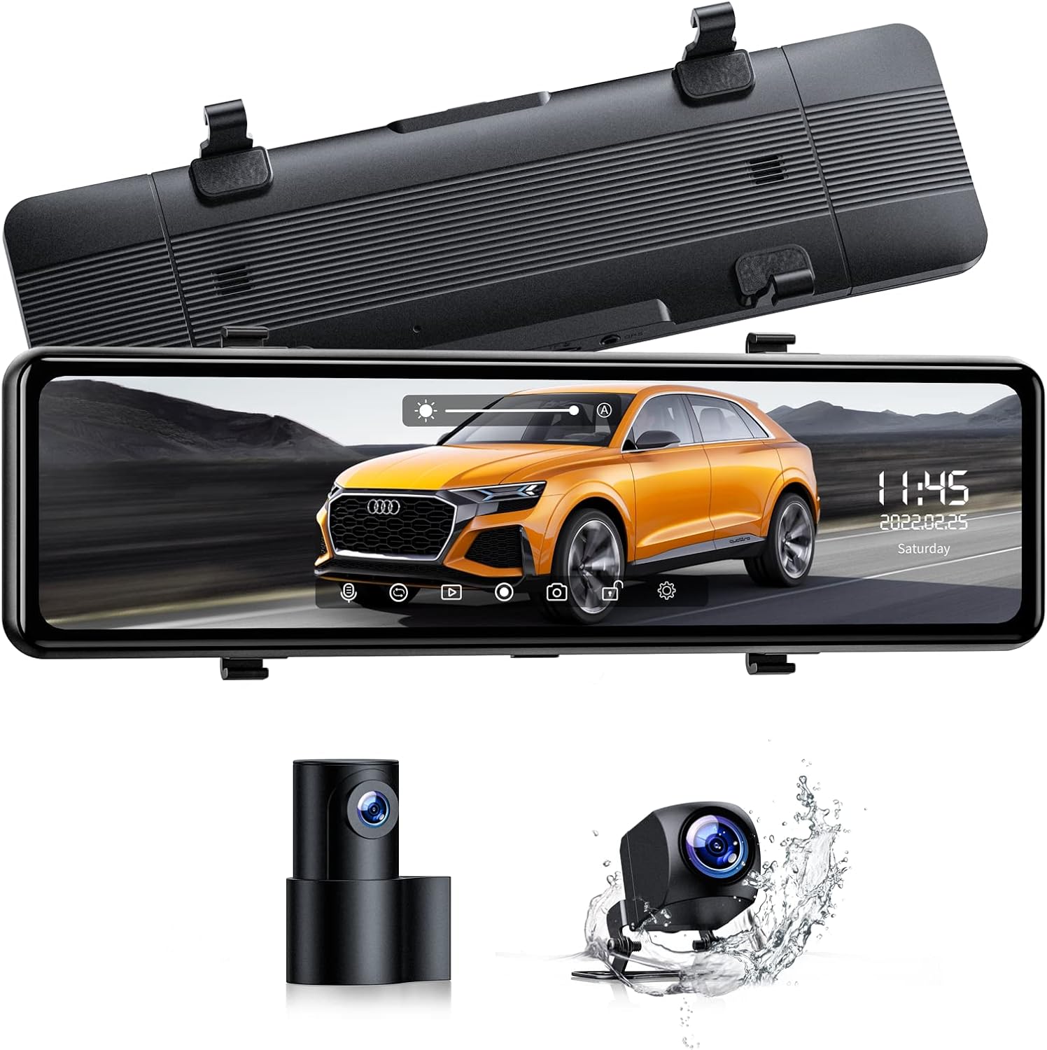 LAMTTO Mirror Dash Cam 11 inch with Adjustable Front Camera, Waterproof Rear View Mirror Backup Camera for Car