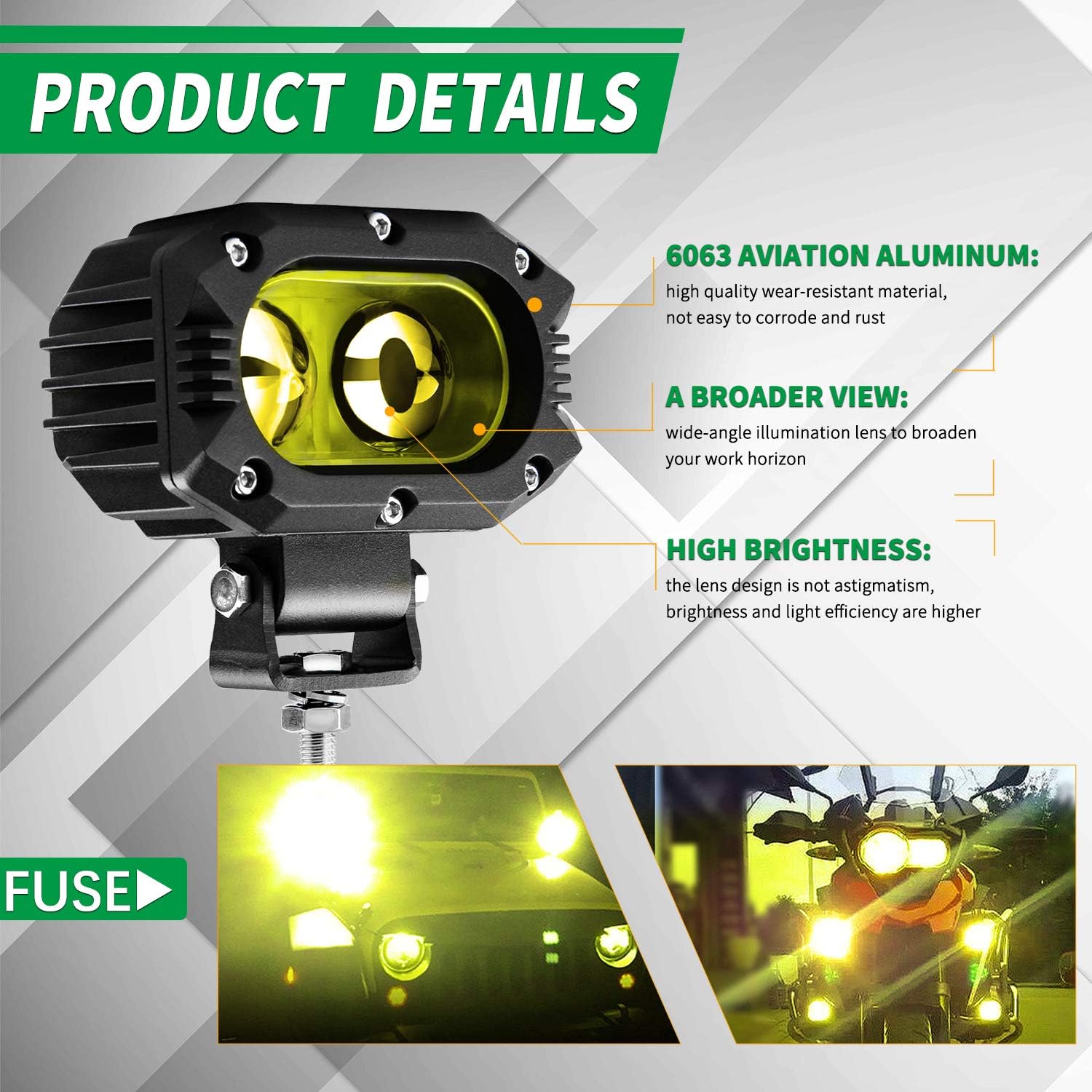 CO LIGHT LED Flood Beam Yellow Fog Lights 2PCS Driving Lights Work Light Pods Fit for Motorcycle ATV UTV SUV Car Tractor Forklift Truck Boat