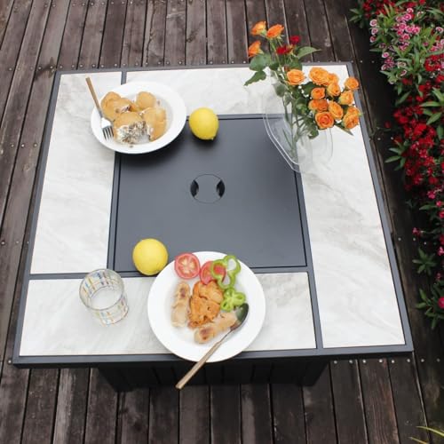 30" Propane Fire Pit with Real Ceramic Tabletop, 50000 BTU Gas Firepit Table with Lid & Glass Rock, Outdoor Fire Pit for Dining or Party
