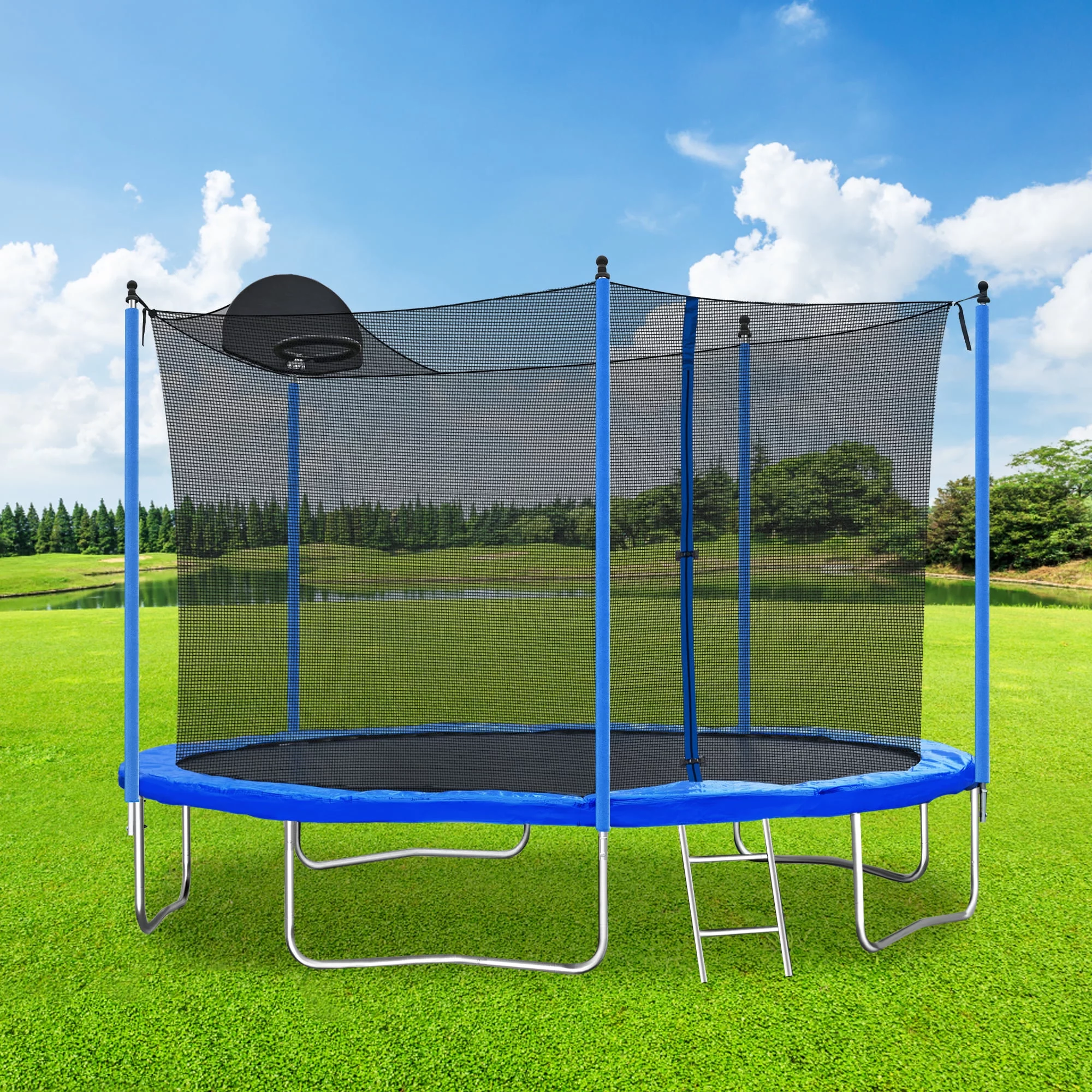 Highsound 12 FT Trampoline for Adults/Kids with Safety Enclosure Net, Basketball Hoop and Ladder
