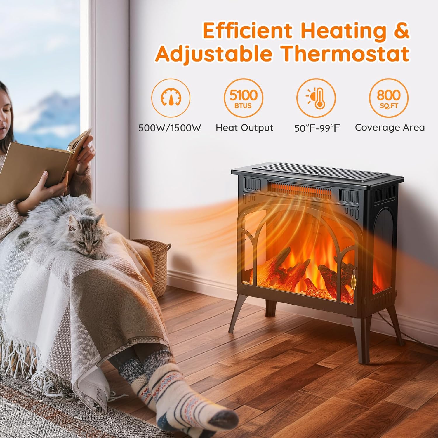 Rintuf Electric Fireplace Heater, 1500W Infrared Fireplace Stove Heater with 3D Flame Effect, 8H Timer, Space Heater Fireplace with Remote
