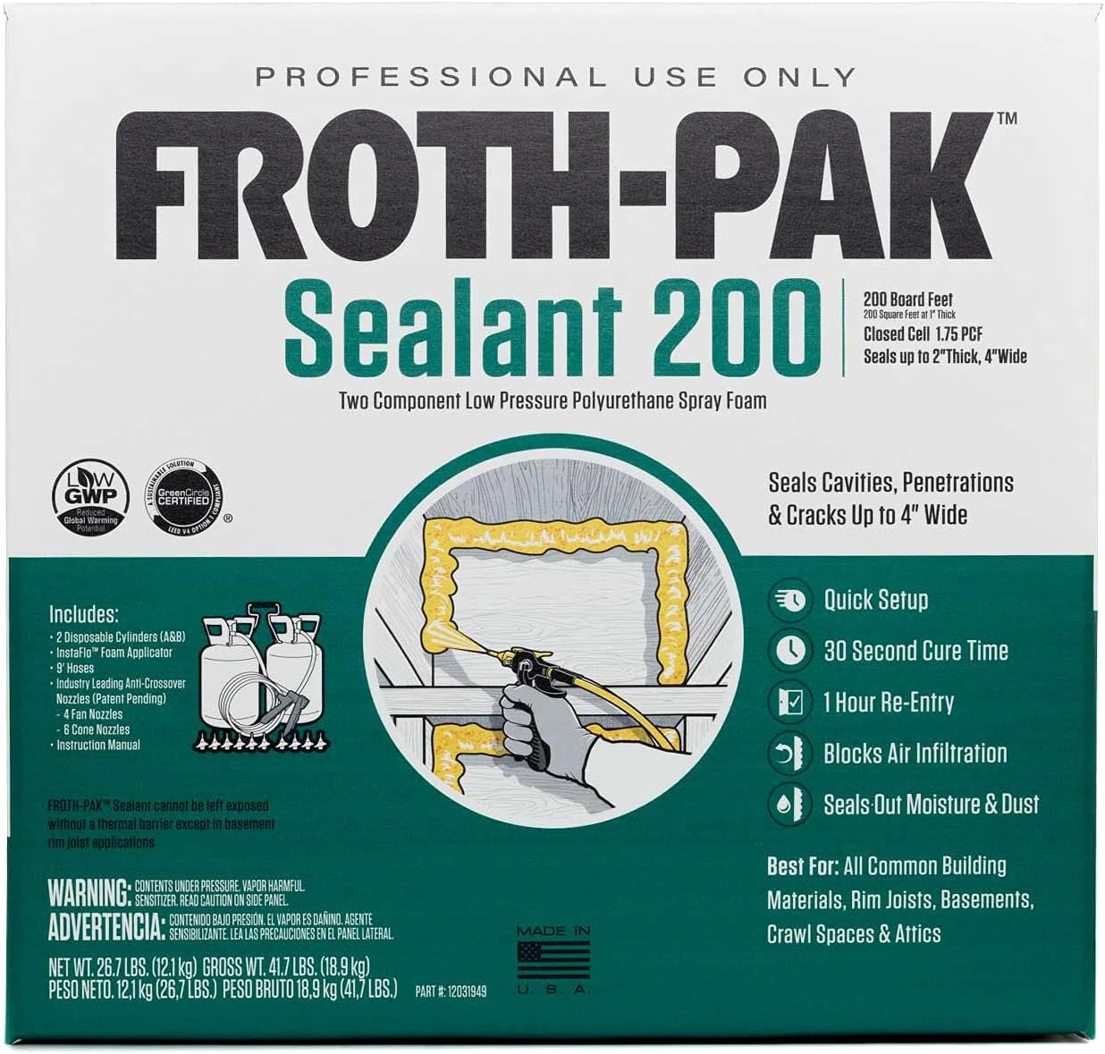 Froth-Pak 200 Spray Foam Sealant Kit, 9ft Hose. Improved Low GWP Formula. Seals Cavities
