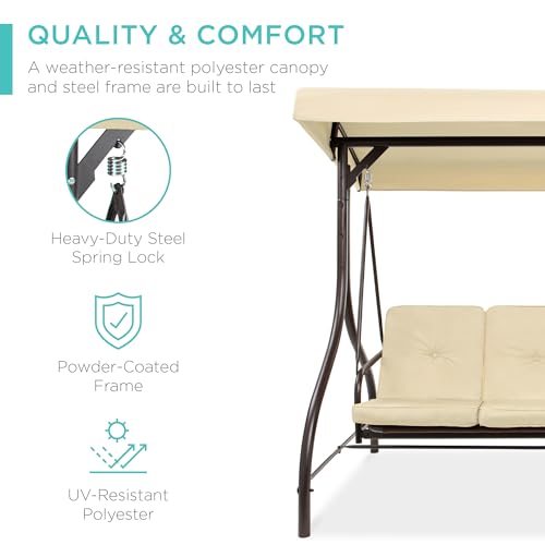 Best Choice Products 3-Seat Outdoor Large Converting Canopy Swing Glider, Patio Hammock Lounge Chair for Porch, Backyard w/Flatbed, Adjustable Shade