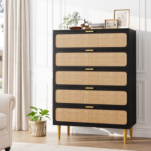 Rattan 5 Drawer Dressers for Bedroom, Tall Dresser with Deep Drawers, Large Chest of Drawers for Closet with Wide Top