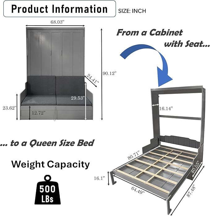 Queen Size Murphy Bed with Desk & Charging Station,Wall Bed Frame Folding into Cabinet Design w/LED & Storage Shelf for Small Space,Bedroom