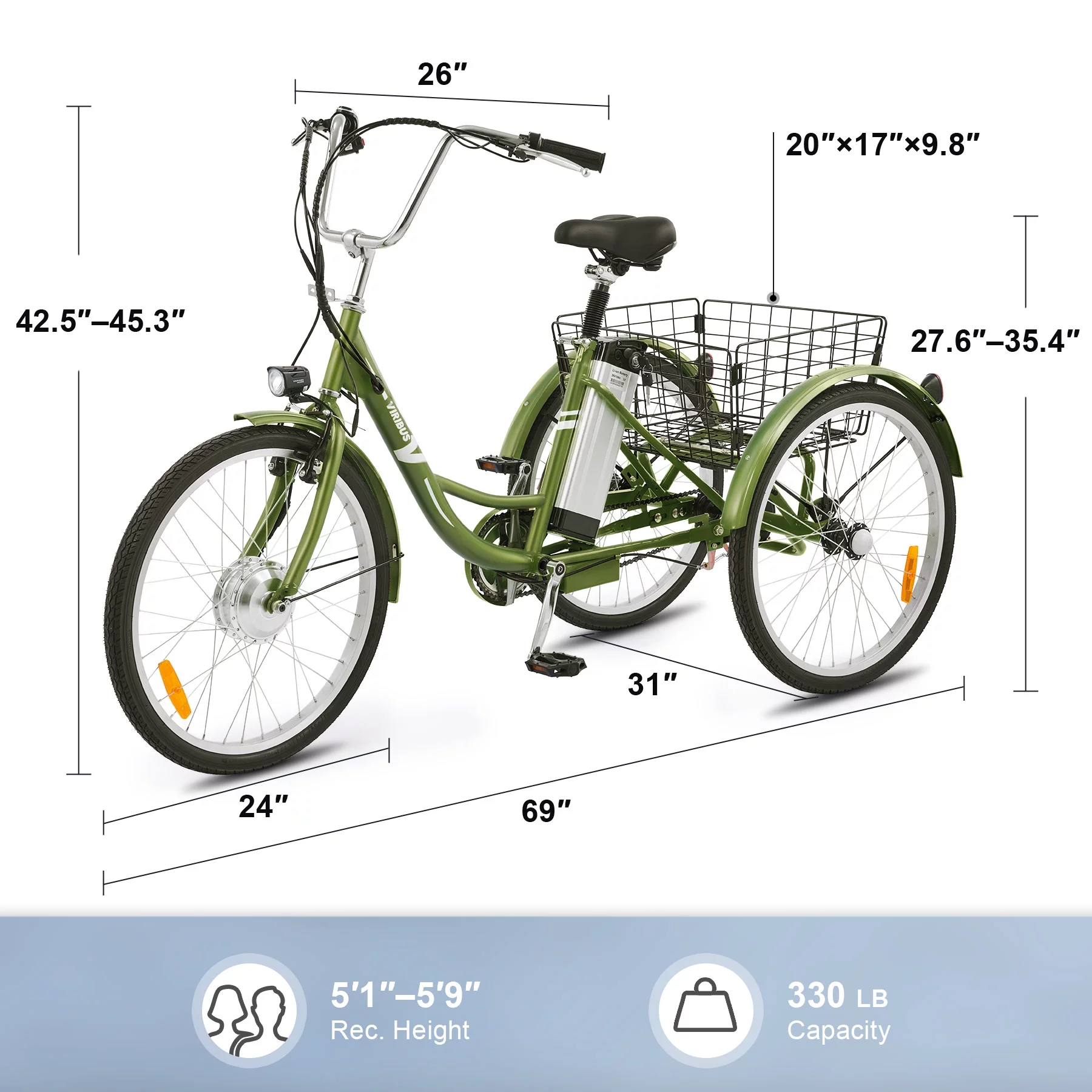 Viribus 24 Inch Electric Tricycle for Adults with 250W Motor 36V 10Ah Battery Black