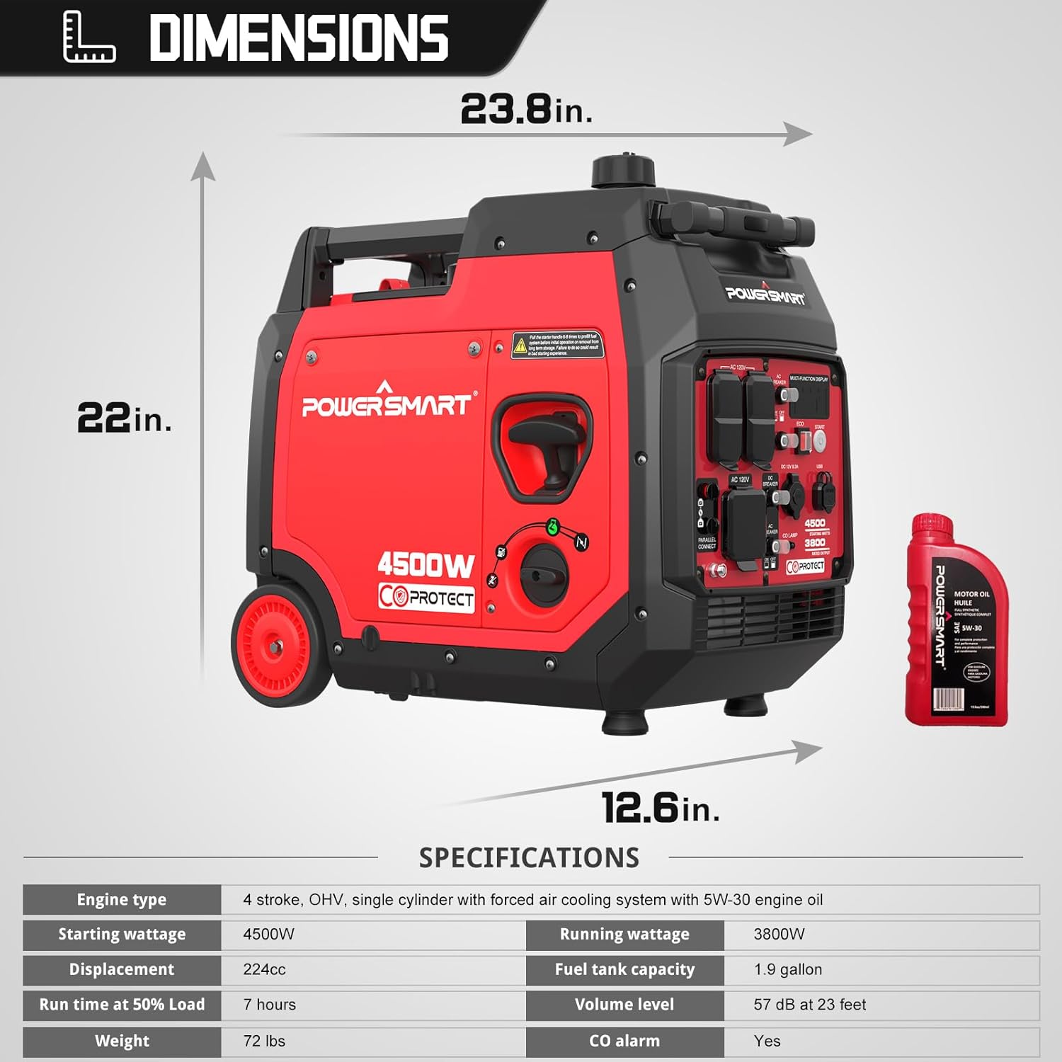 PowerSmart Super Quiet 4500-Watt Portable Inverter Generator with CO Sensor, Electric Start, Gas Powered, RV Ready, Wheel Handle Kit