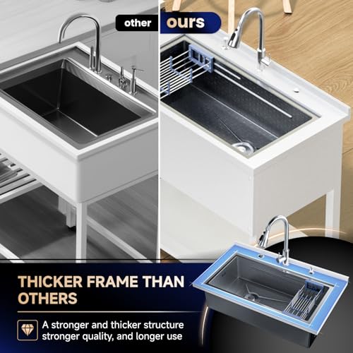 Stainless Steel Utility Sink 36“, Freestanding Laundry Sink with Upgraded Pull Out Faucet, Hose, Drain Kit & Solid Shelf. Utility Sink for Kitchen