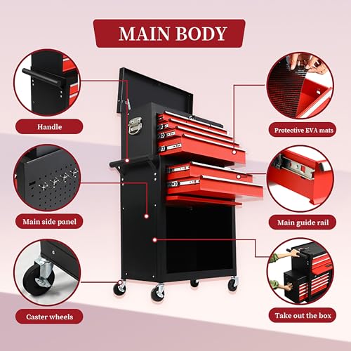 KEIKI 8-Drawer Large Capacity Rolling Tool Chest, Detachable Cabinet Storage with Lock, Tool Box with Wheels for Workshop & Garage, Black Red