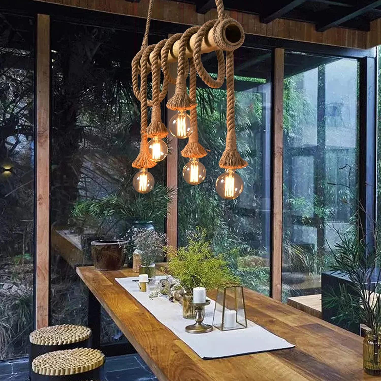 Arturesthome 6 Heads Hemp Rope Pendant Light, Vintage Bamboo Chandeliers Fixture Kitchen Island