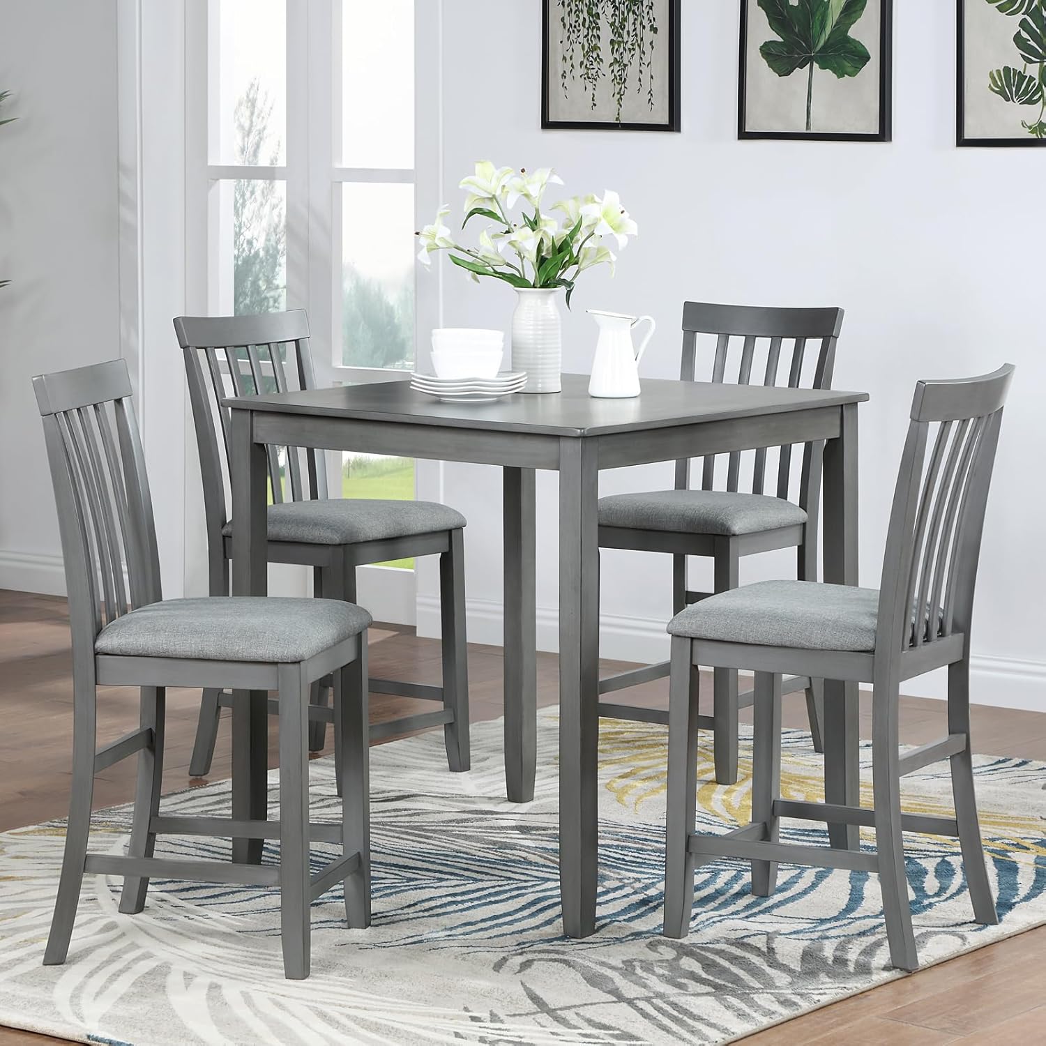 5 Piece Counter Height Dining Table Set for 4, Farmhouse Kitchen Table Set with 4 Vertical Back Upholsterd Chair