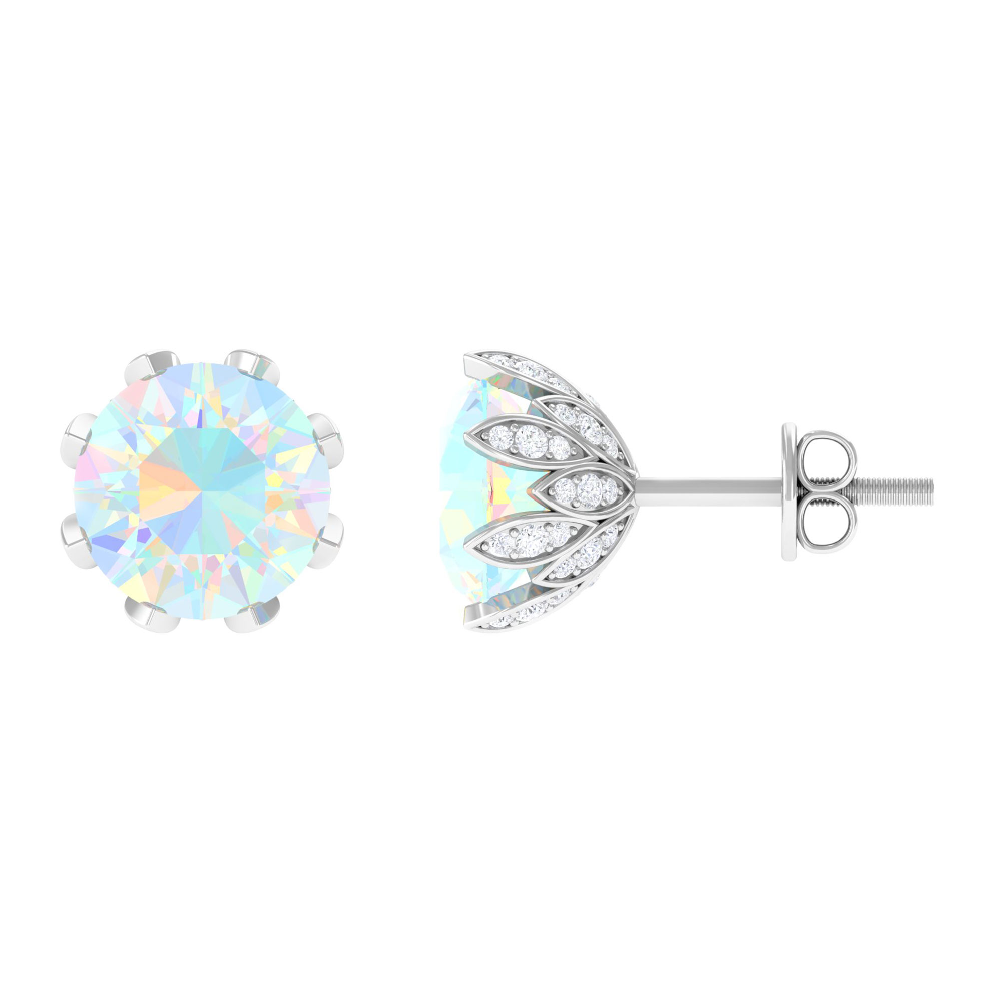 Ethiopian Opal Floral Stud Earrings for Women with Diamond (8 mm, AAA Grade), 925 Sterling Silver