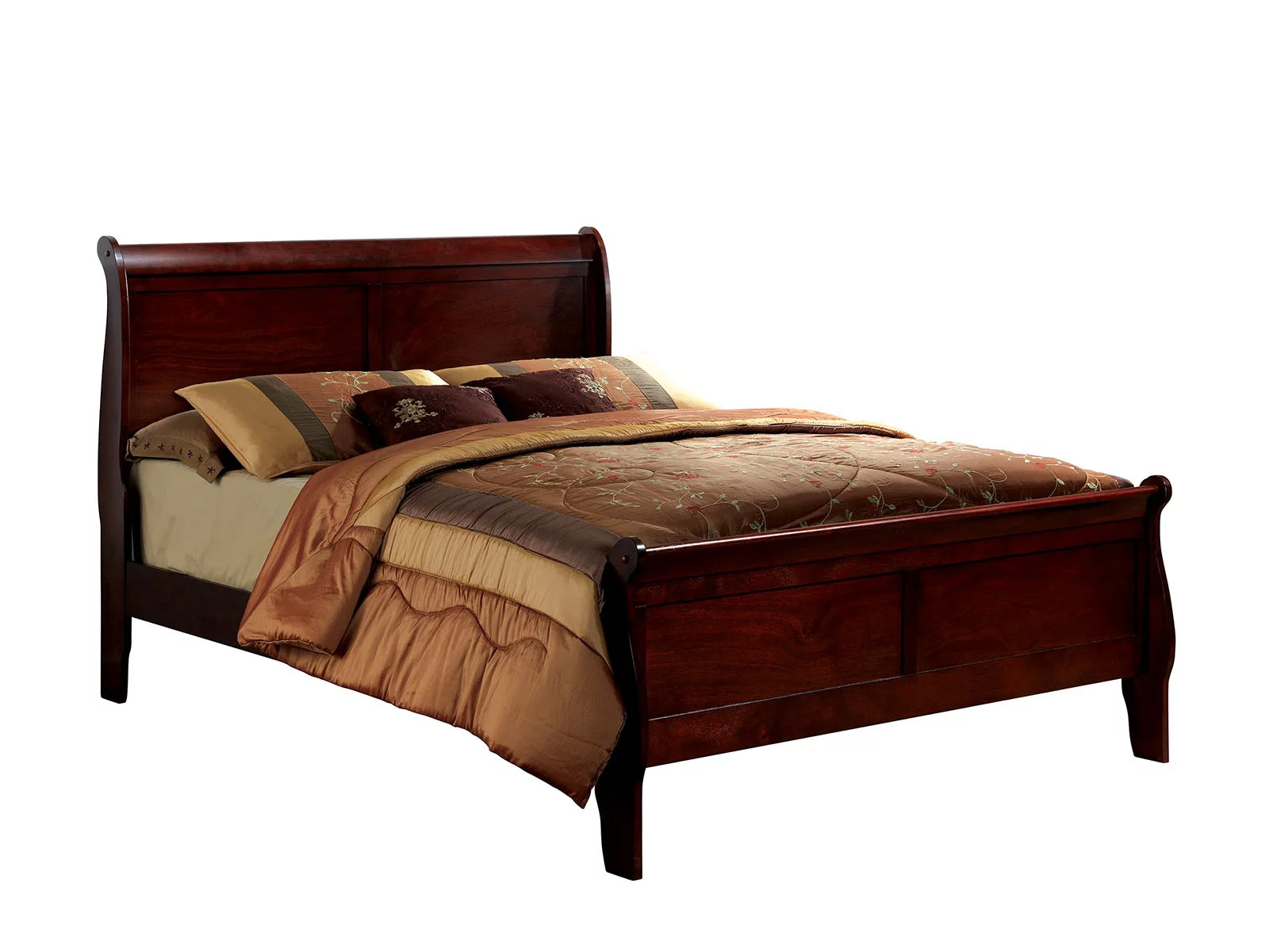 CoSoTower Queen Size Bed Cherry Louis Phillipe Solidwood 1Pc Bed Bedroom Sleigh Bed Bedroom Furniture