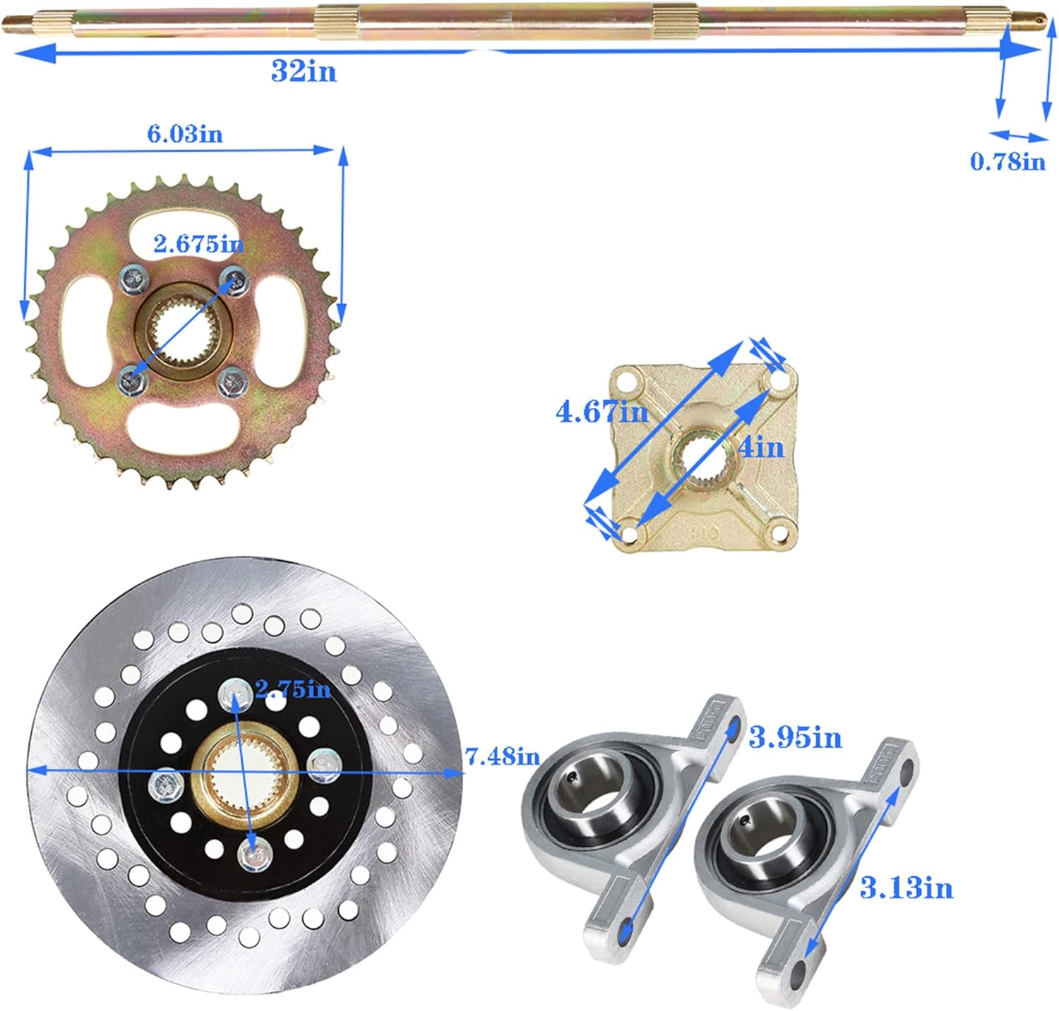 WFLNHB 32 Live Rear Axle Kit Disc Rotor Wheel Hub Replacement for DIY Rebuild 428 Sprocket Go Kart ATV Quad Drift Trikes