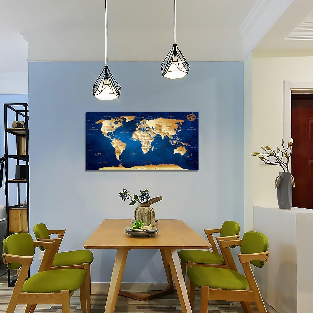 Wall Art blue map of the world Painting Ready to Hang -20 x 40 Pieces Large Framed wall art world Map Canvas Art Map wall decorations Artwork Prints