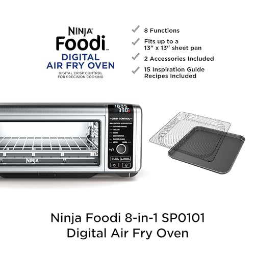 Ninja Digital Air Fry Countertop Oven, 8-in-1 Functionality, 1800W, Flip-Up Design, XL Capacity, Air Fry Basket, Wire Rack & Crumb Tray, Silver, SP101