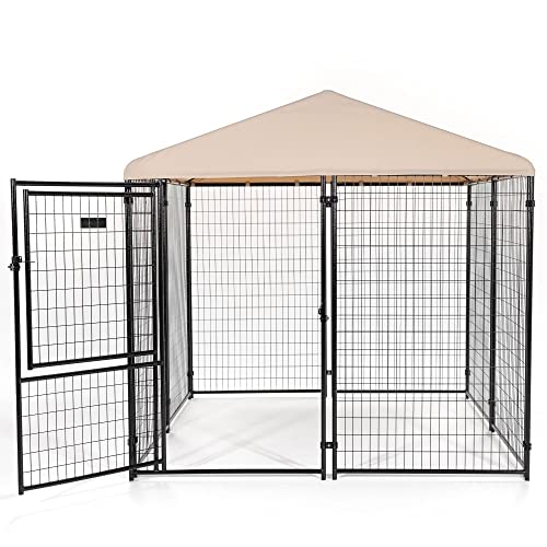 Stay Series 4 by 4 by 4.3 Feet Studio Jr. Black Powder Coat Steel Frame Outdoor Dog Kennel with Waterproof Canopy Roof and Gate Door, Khaki
