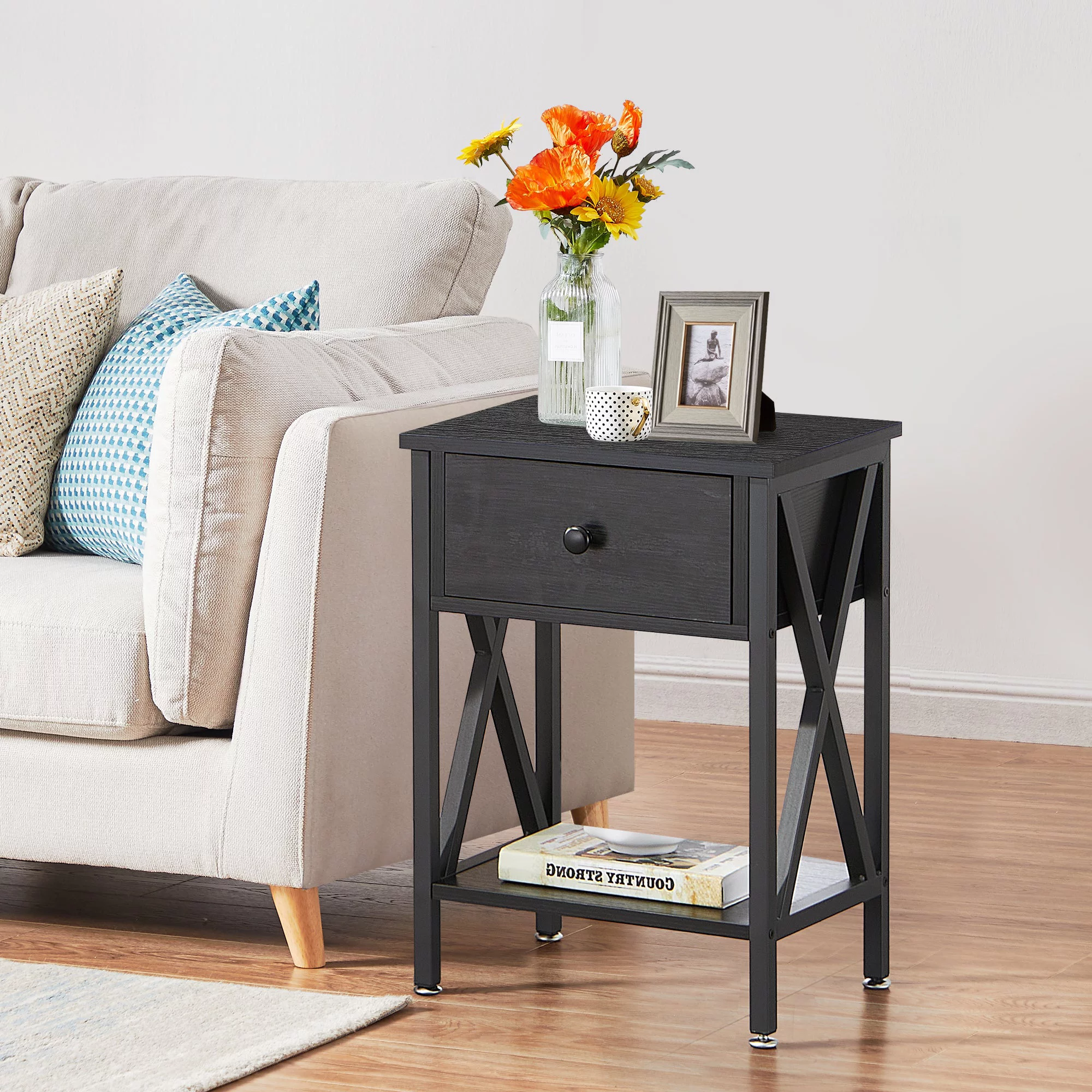 VECELO 3-Piece Bedroom Sets Upholstered Bed Frame and 2 Brown Nightstand