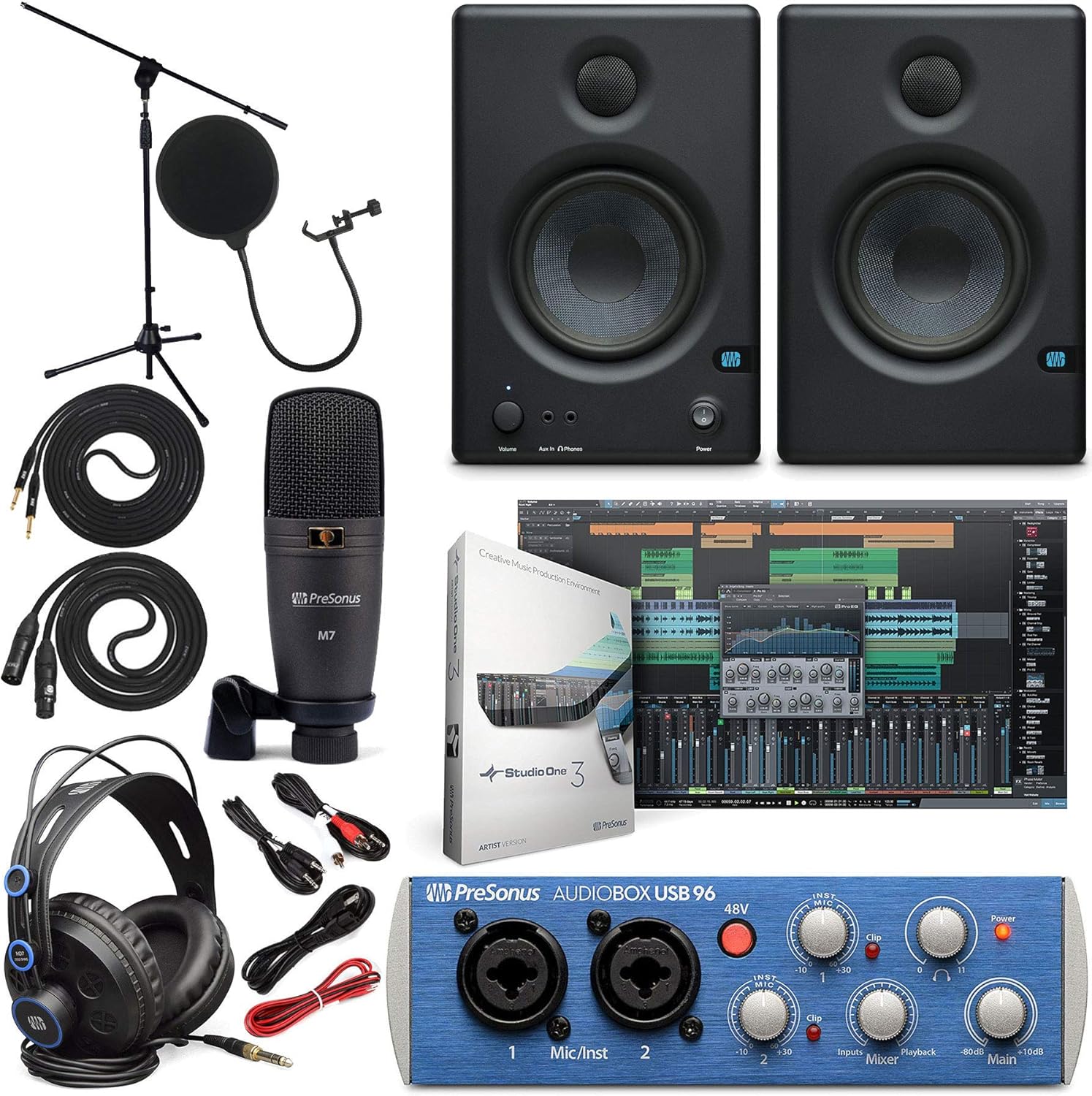 PreSonus AudioBox 96 Audio Interface (May Vary Blue or Black) Full Studio Bundle with Studio One Artist Software Pack with Eris 4.5 BT Pair Studio