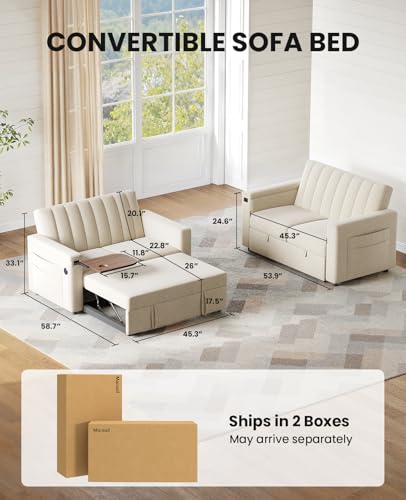 Marsail Sofa Bed, 3-in-1 Convertible Sleeper Sofa, Futon Couch with USB Charging, Side Pockets & Adjustable Backrest, Pull Out Couch for Living Room