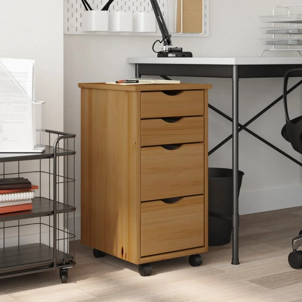 Tomshoo Rolling Cabinet with Drawers, Honey Brown Solid Wood Pine, Ample Storage Space, Flexible Wheels