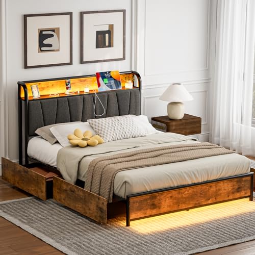Queen Size Bed Frame with Headboard and Storage 4 Drawers Platform Bed Frame with Storage Chargin Station LED Light Bed Frame