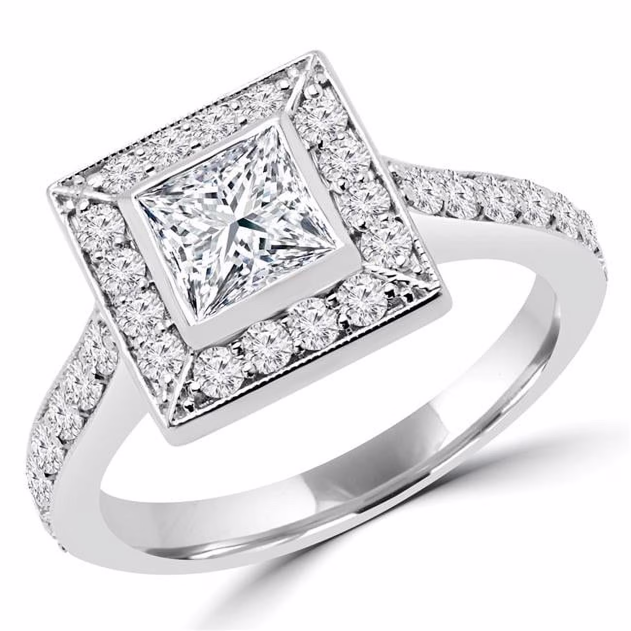 1.25 CTW Princess Diamond Vintage Bezel Set Halo Engagement Ring in 14K White Gold - Size 3.75