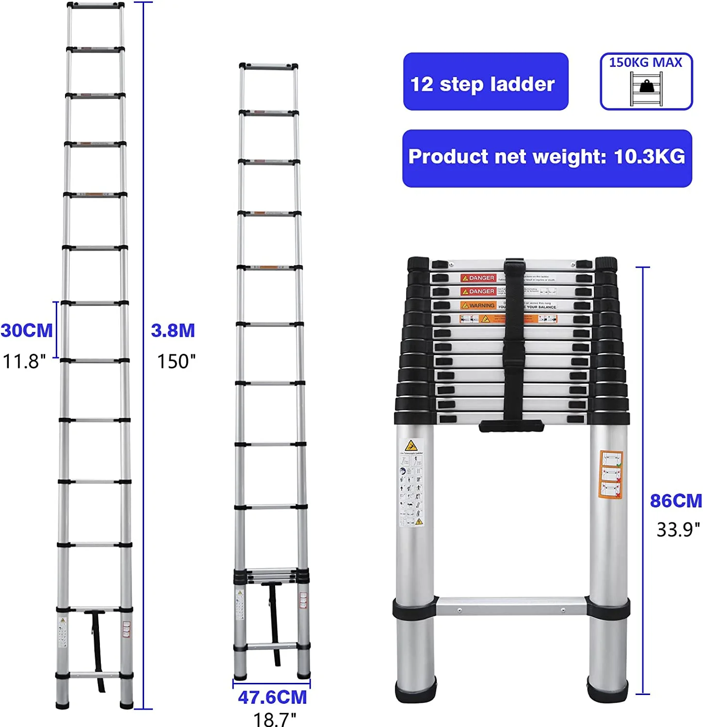 Telescoping Ladder 12FT Aluminum Telescoping Extension Ladder, Collapsible Ladder Attic Ladder Rv Ladder