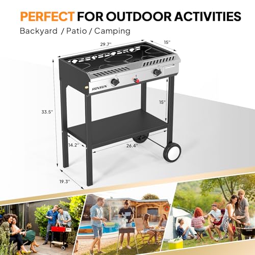 ROVSUN 2 Burner Outdoor Propane Gas Stove with Auto-ignition, Regulator & Shelf, 150