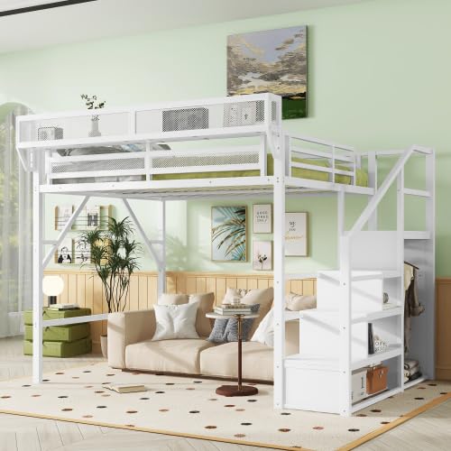 Full Size Loft Bed with Desk and Stairs, Heavy-Duty Steel Loft Bed Frame with Wardrobe & LED Light