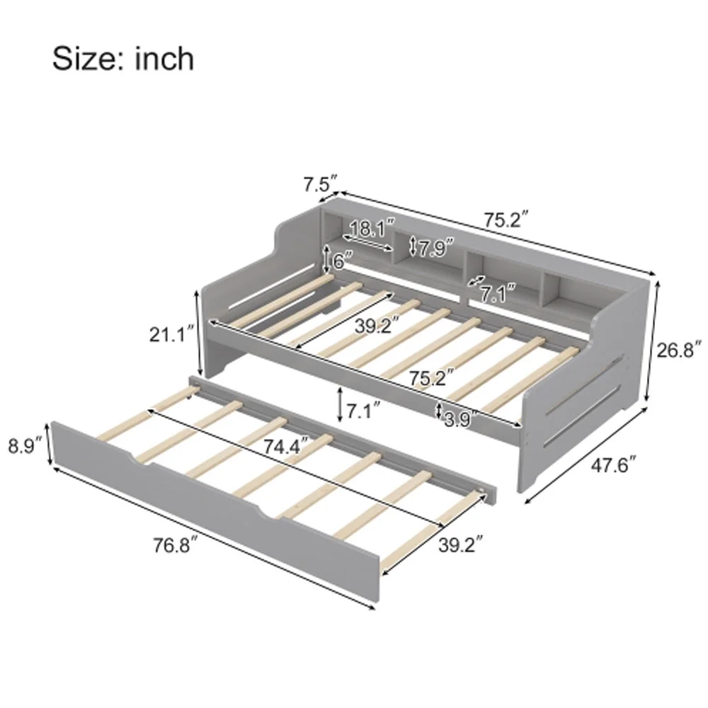 Twin Size Wooden Day Bed with Trundle for Guest Room, Small Bedroom, Study Room, Gray