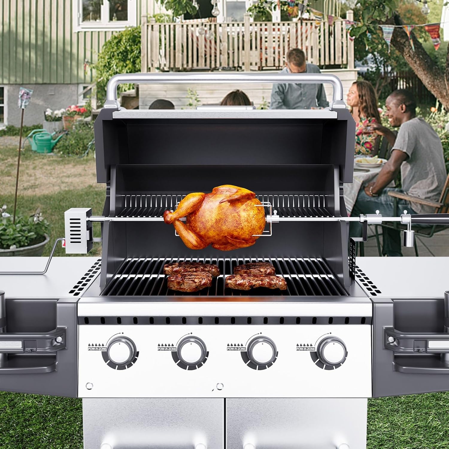 Heavy Duty Stainless Steel Grill Rotisserie Kit with 9W Motor - Automatic Grilling Attachment for Electric Bbq Grill