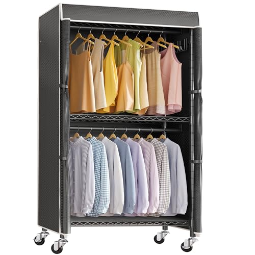 VIPEK R2C Medium Rolling Garment Rack with Cover Heavy Duty Clothes Rack Adjustable Clothing Rack for Hanging Clothes Portable Closets with Double
