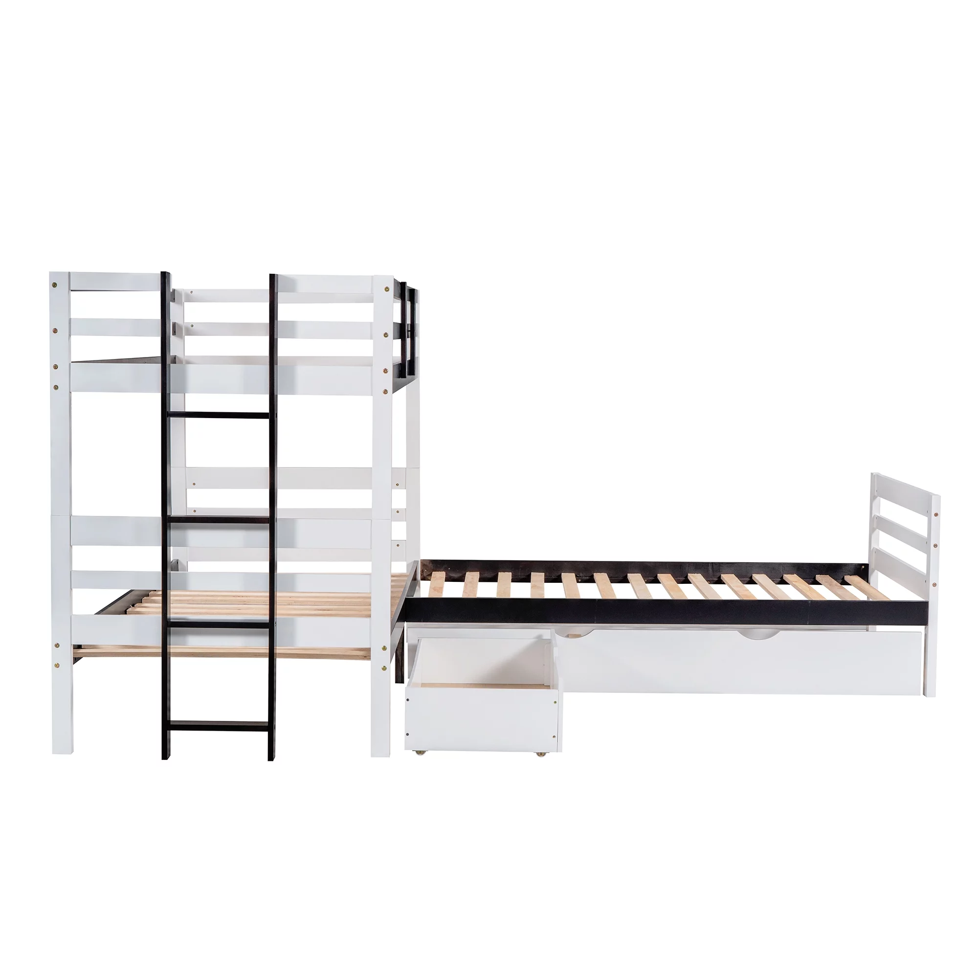 L-Shaped Twin Bunk Bed and Platform Bed with Trundle and Drawer, White - Curated Treasures Market