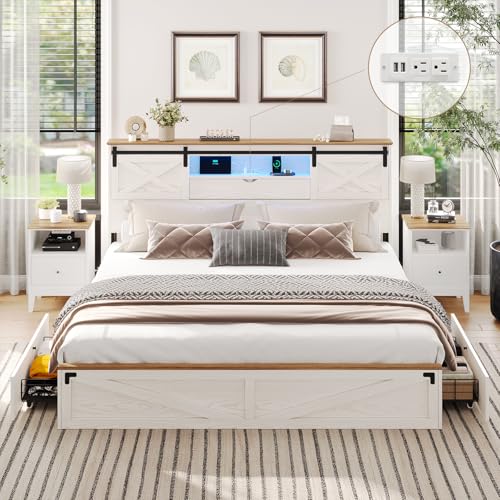 Hasuit Farmhouse Bed Frame California King Size with Storage Bookcase Headboard, Wooden Cal King Bed with LED Lights, Charging Station, 2 Drawers